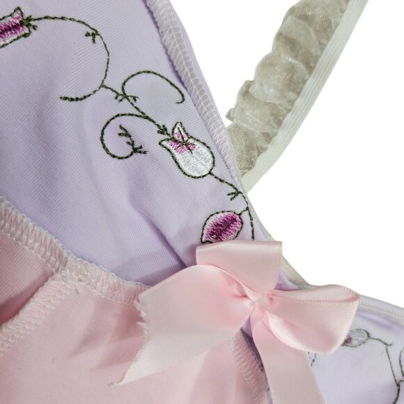 Vintage-Style Pink Lavender Floral Embroidered Bow Accent Crop Top Ruffled Strap - Picture 4 of 7
